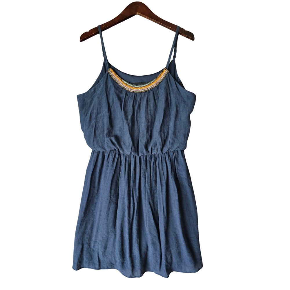 IZ Byer XL Blue Dress Sleeveless Summer Beaded Neckline Y2K Elastic‎ Waist XL